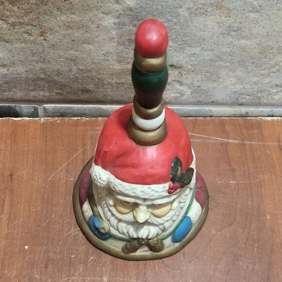 Vintage Santa Claus Handheld Bell Wood Handle Bisque Ceramic Christmas Decor - Picture 3 of 10
